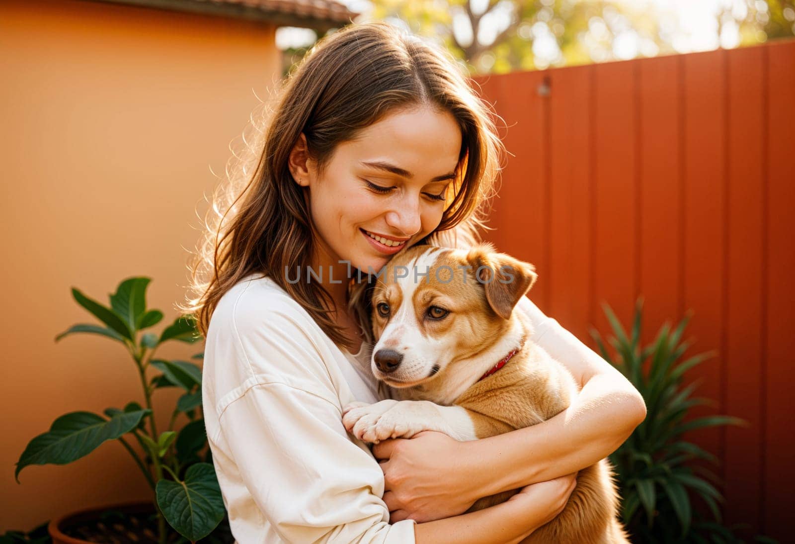 AI generated of a woman holding a dog in her arms in the backyard