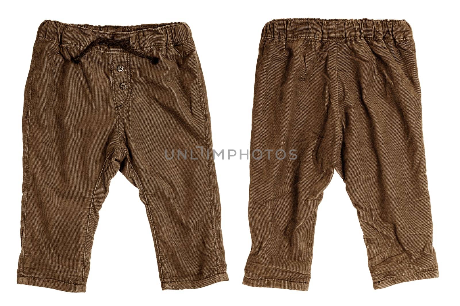 Children pants isolated. Closeup of sepia brown denim pants isolated on a white background. Sporty fashion for kids. Front and back view.