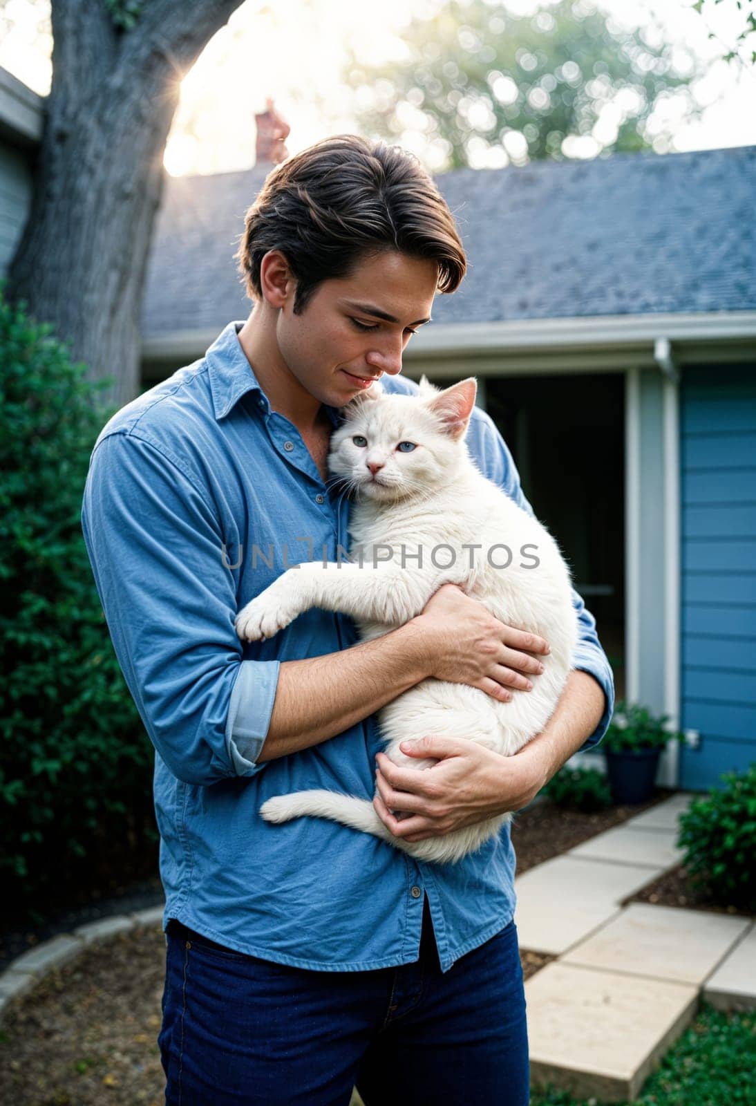 AI generated of a man holding a cat on the backyard