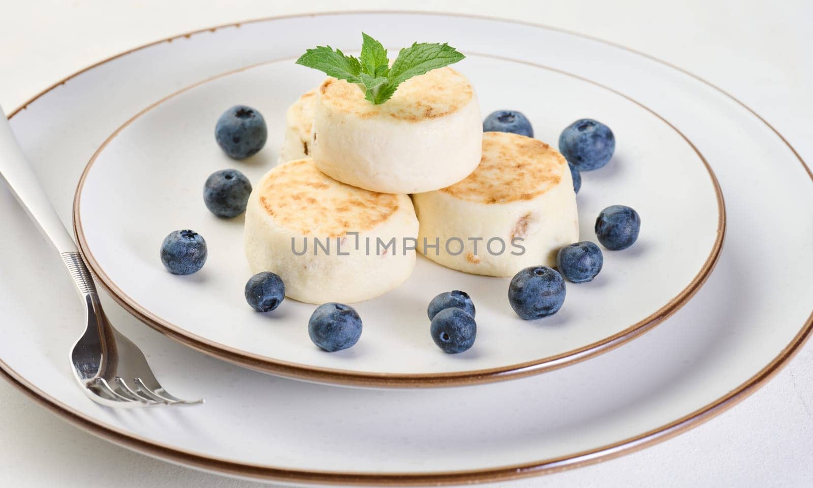 Round small fried cheesecakes on a plate with blueberries. Background white