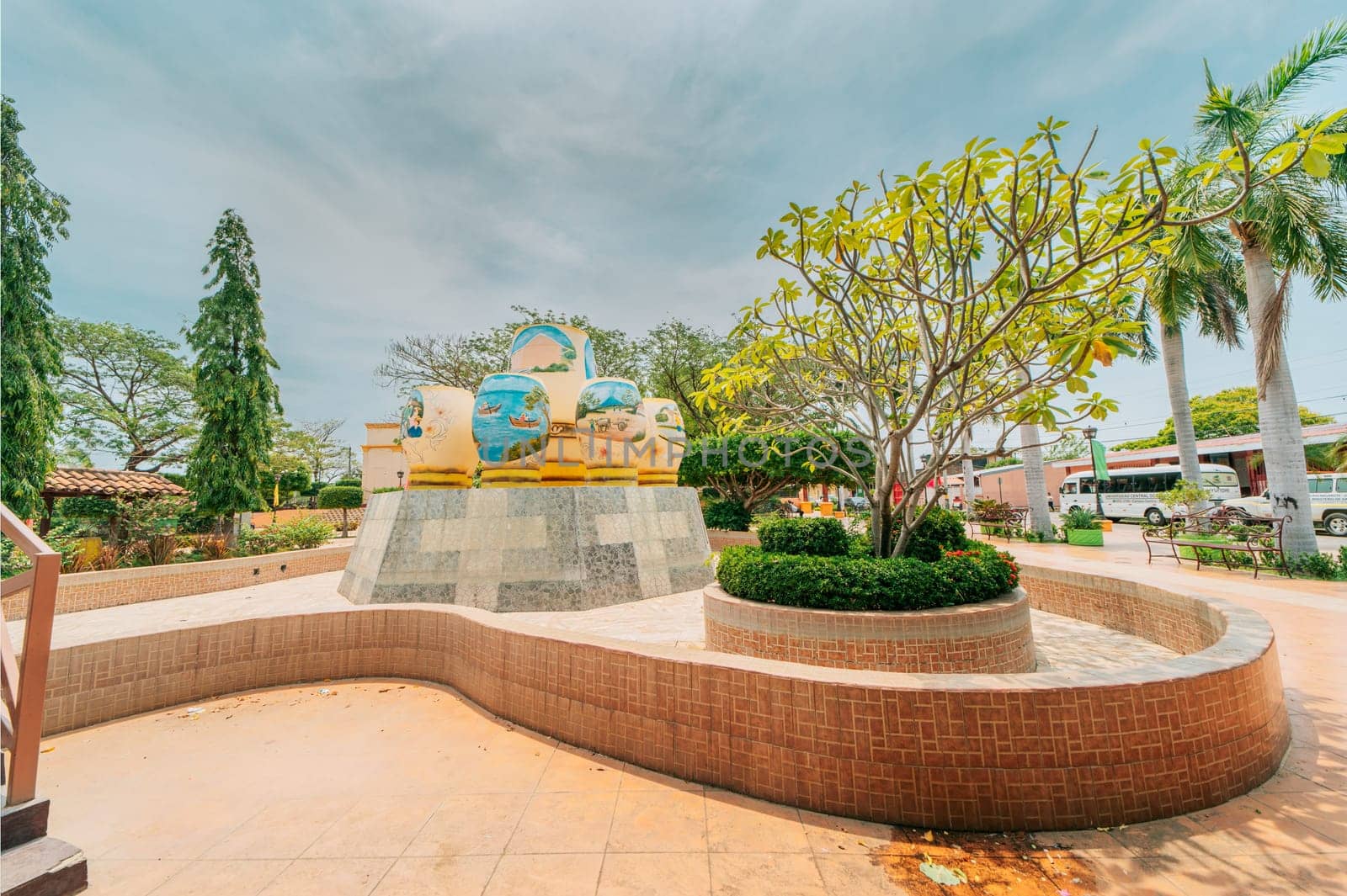 Panoramic view of the central park of Nagarote, Nicaragua. View of a beautiful park surrounded by vegetation