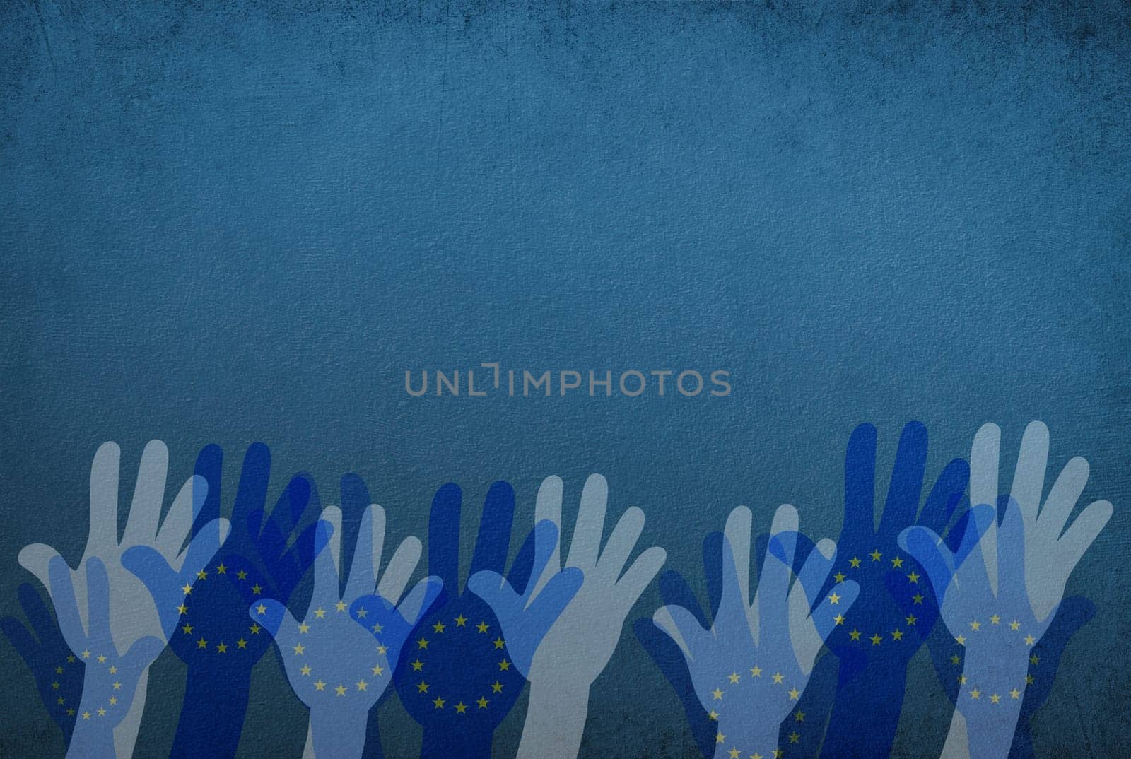 Hand of crowd, european union flag, citizen of Europe, people vote at election, protest of population, blue color, yellow stars