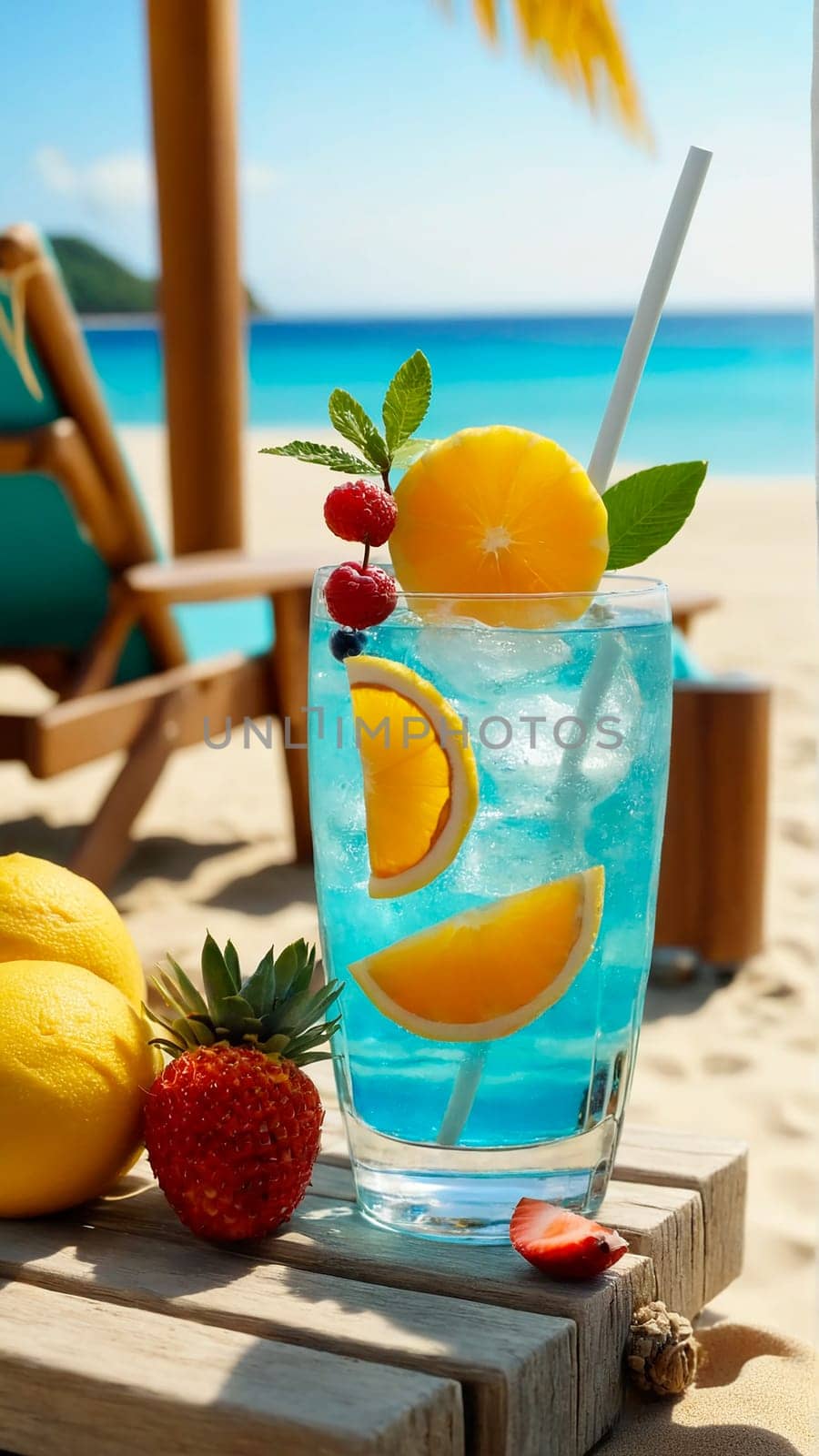 glass of refreshing drink with slices of fruit and decoration on a wooden beach table close-up, next to a sun lounger on a sandy beach, beautiful tropical beach in the background, sea, warm sunny day on a trip.