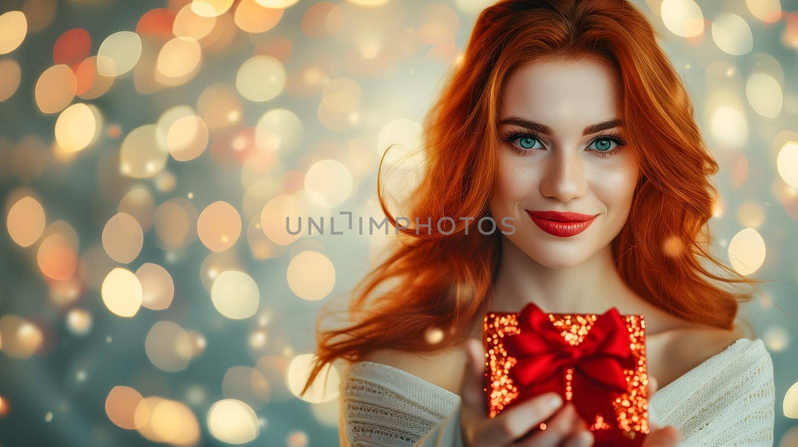 Beautiful redhead young adult woman with gift for Valentines Day with bokeh at background. Neural network generated image. Not based on any actual person or scene.