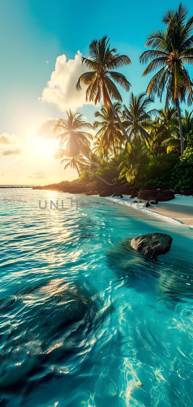 tropical beach view at sunset or sunrise with white sand, turquoise water and palm trees. Neural network generated image. Not based on any actual scene or pattern.