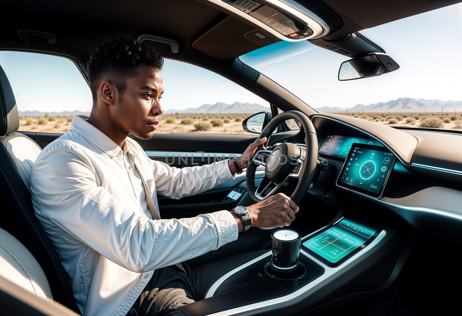 AI generated of a man driving a car with a screen on the dashboard