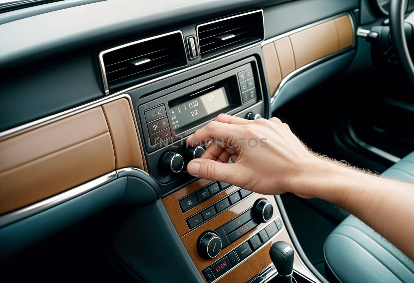 AI generated of a person is adjusting the radio control panel in a car