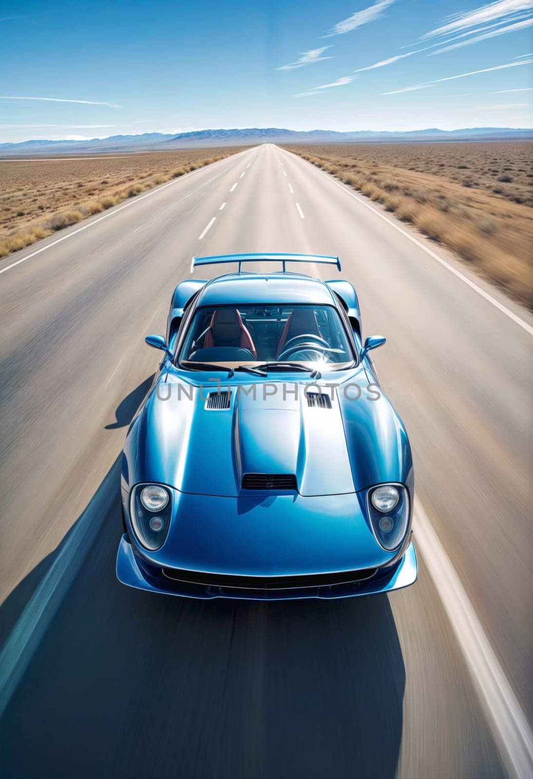 AI generated of the blue sports car is driving down the road with a mountain in the background