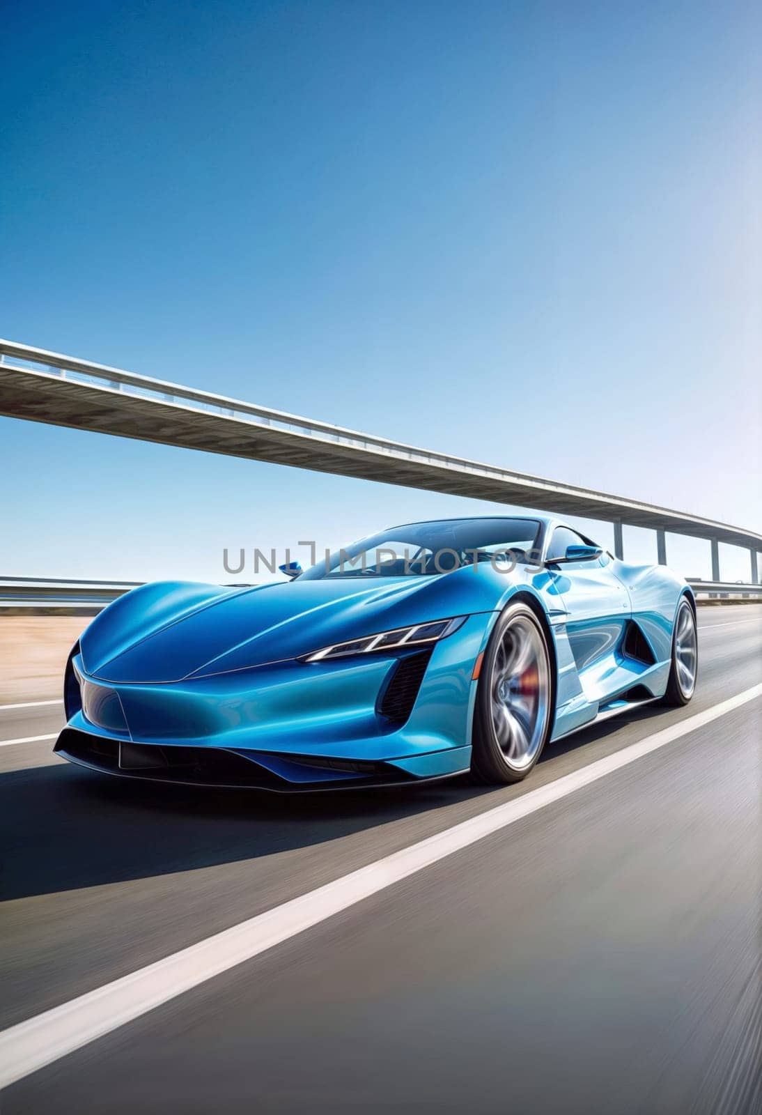 AI generated of the new blue supercar is driving on the highway