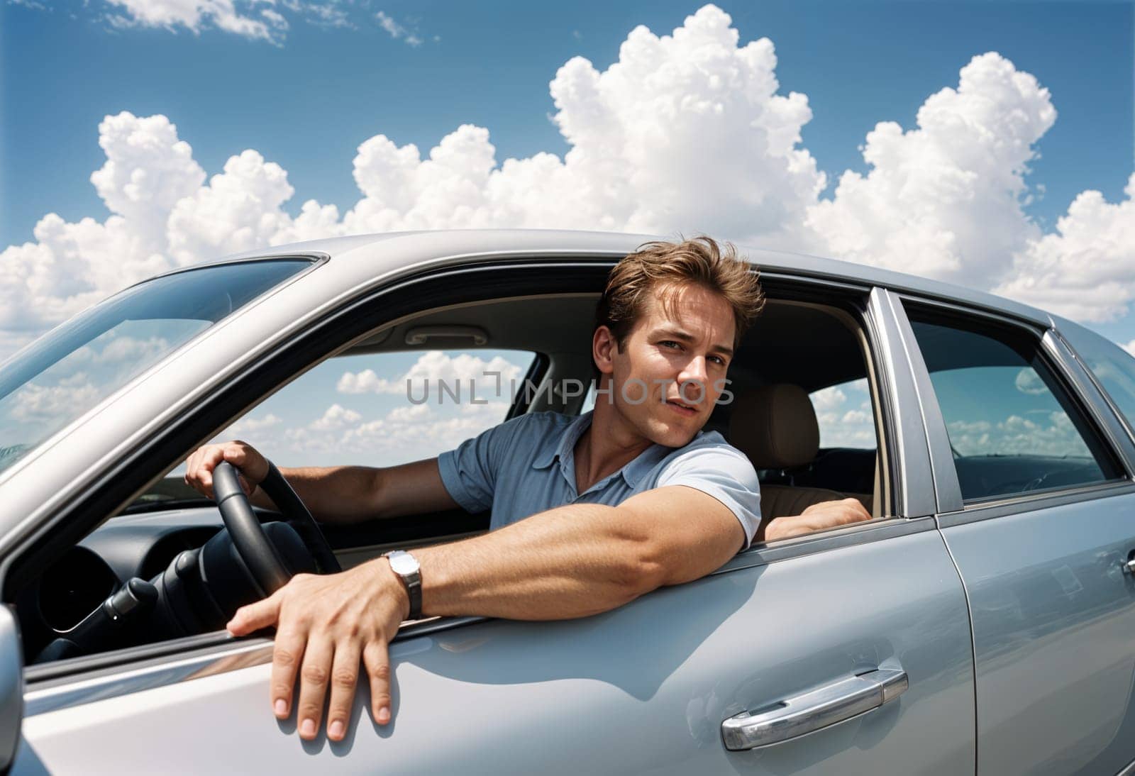 AI generated of a man is sitting in the driver's seat of a car with his arm out the window