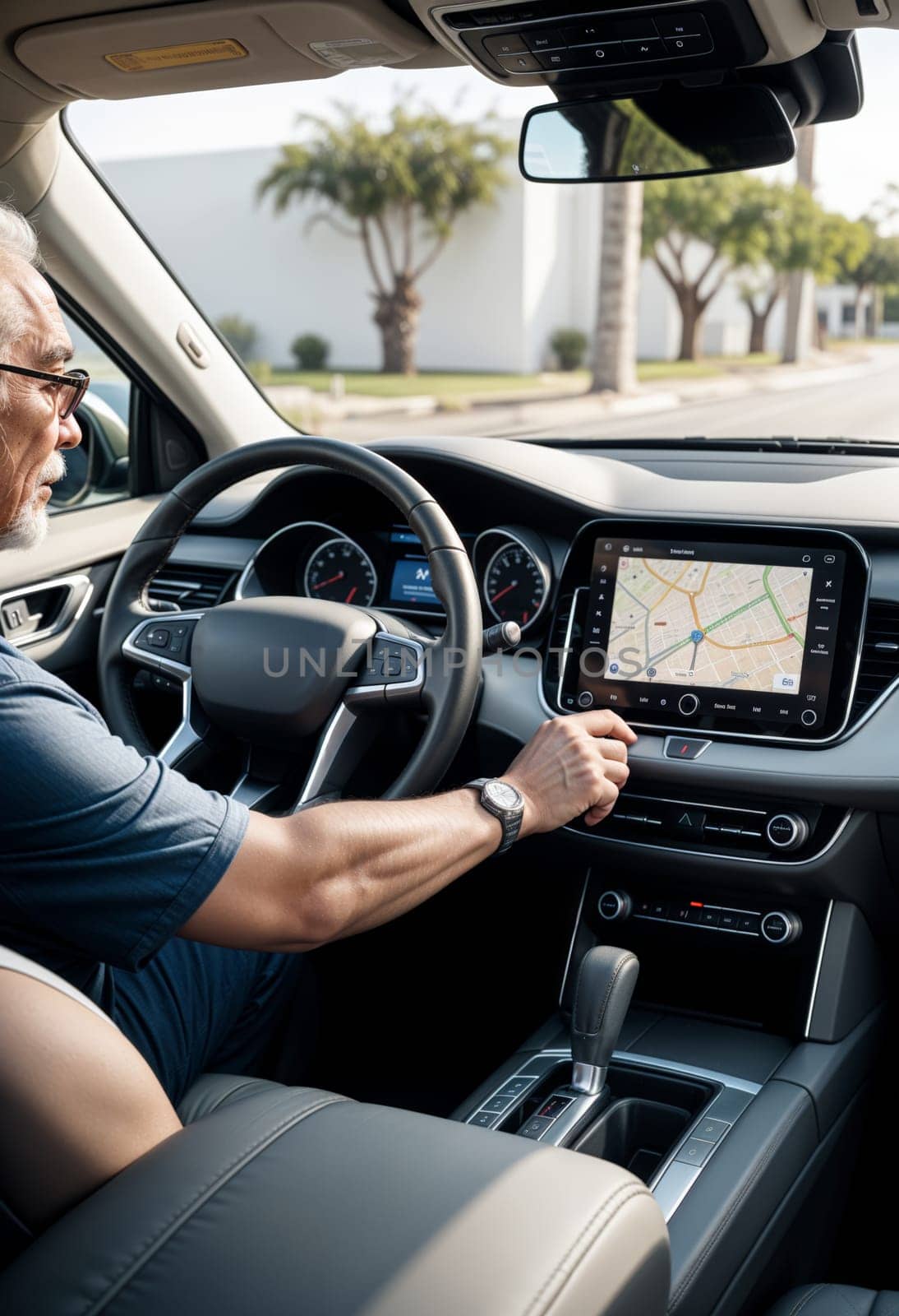 AI generated of a man is driving a car with a digital tablet on the dashboard