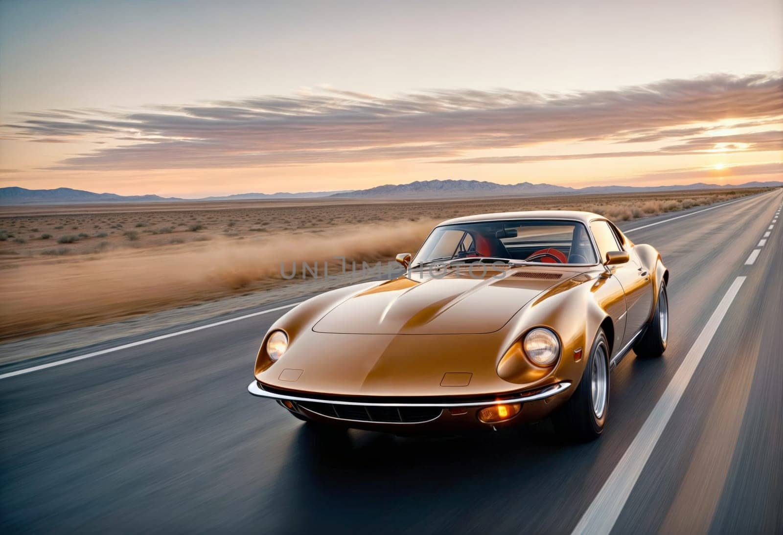 AI generated of a golden sport car is driving down the road with a sunset in the background