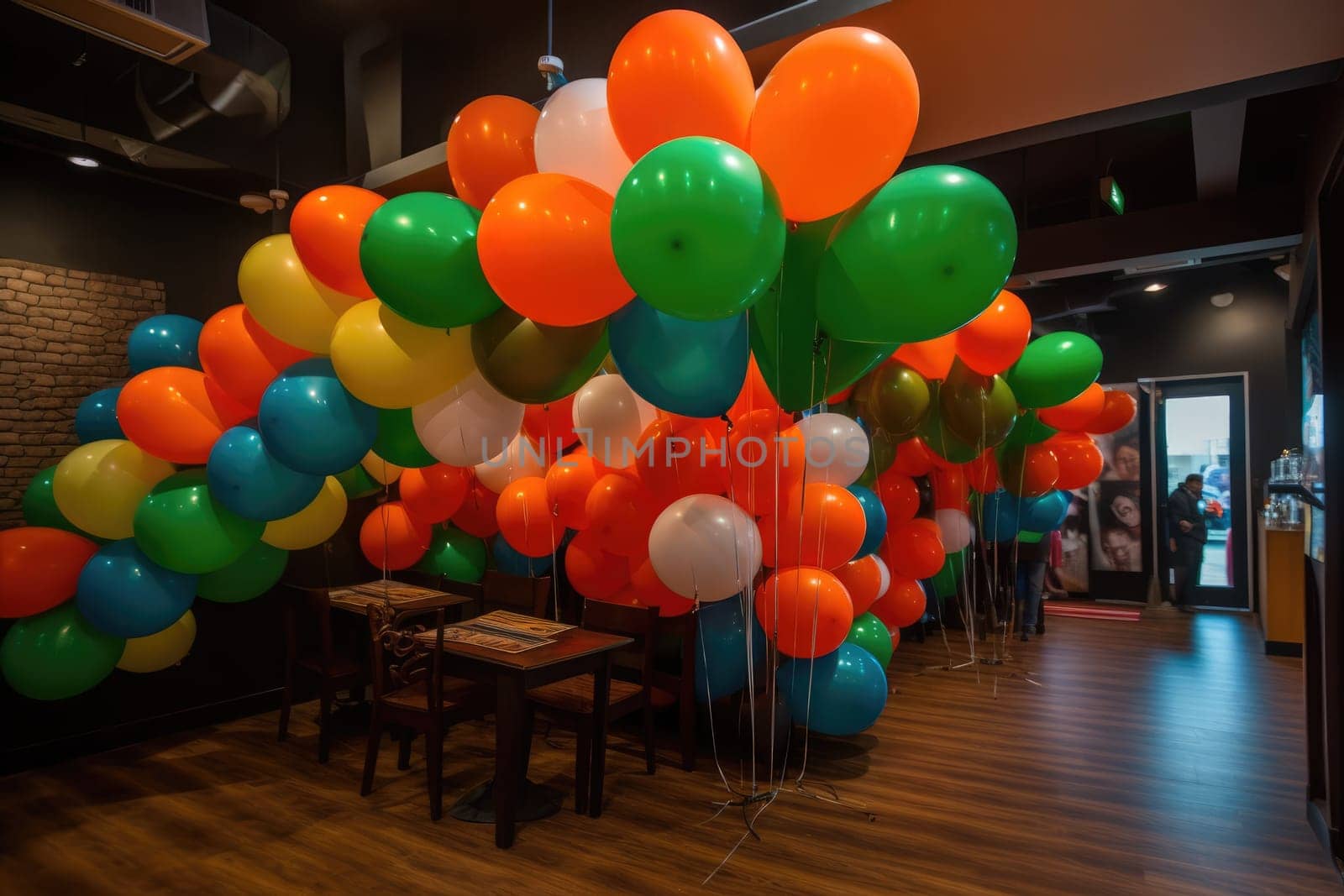 a room filled with colorful balloons in orange, green, and white.