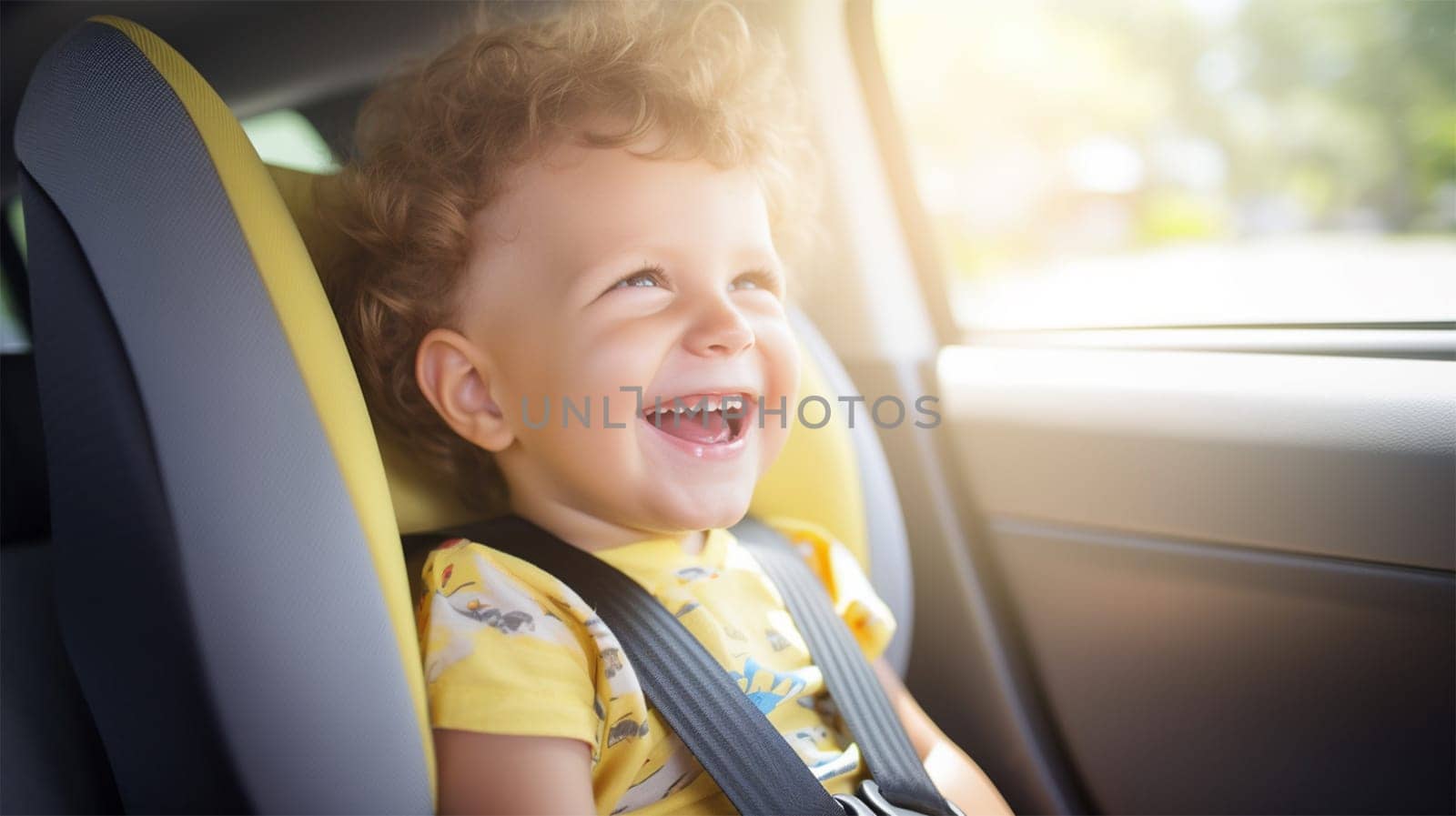 A cheerful baby sits in a car seat, fastened with a seat belt, inside a car.Preventing danger. concept of safe travel and protecting life