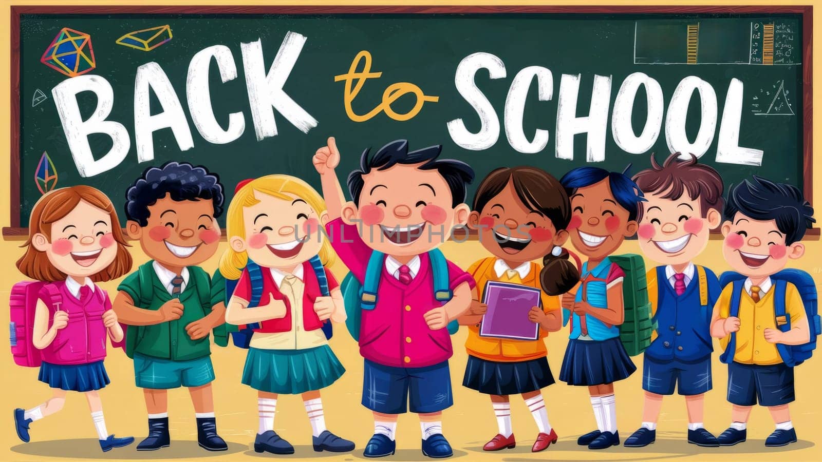 Colorful illustration of diverse, happy children in school uniforms celebrating Back to School with a chalkboard background.