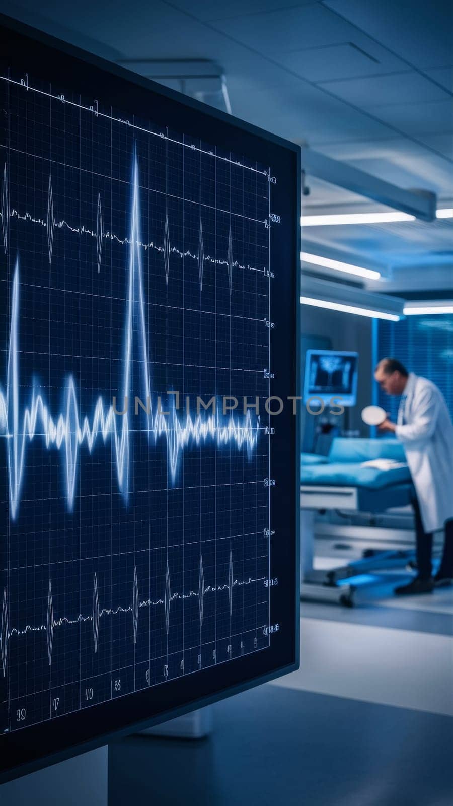 A high-tech hospital observation room with a heart rate monitor and a focused doctor in the background.