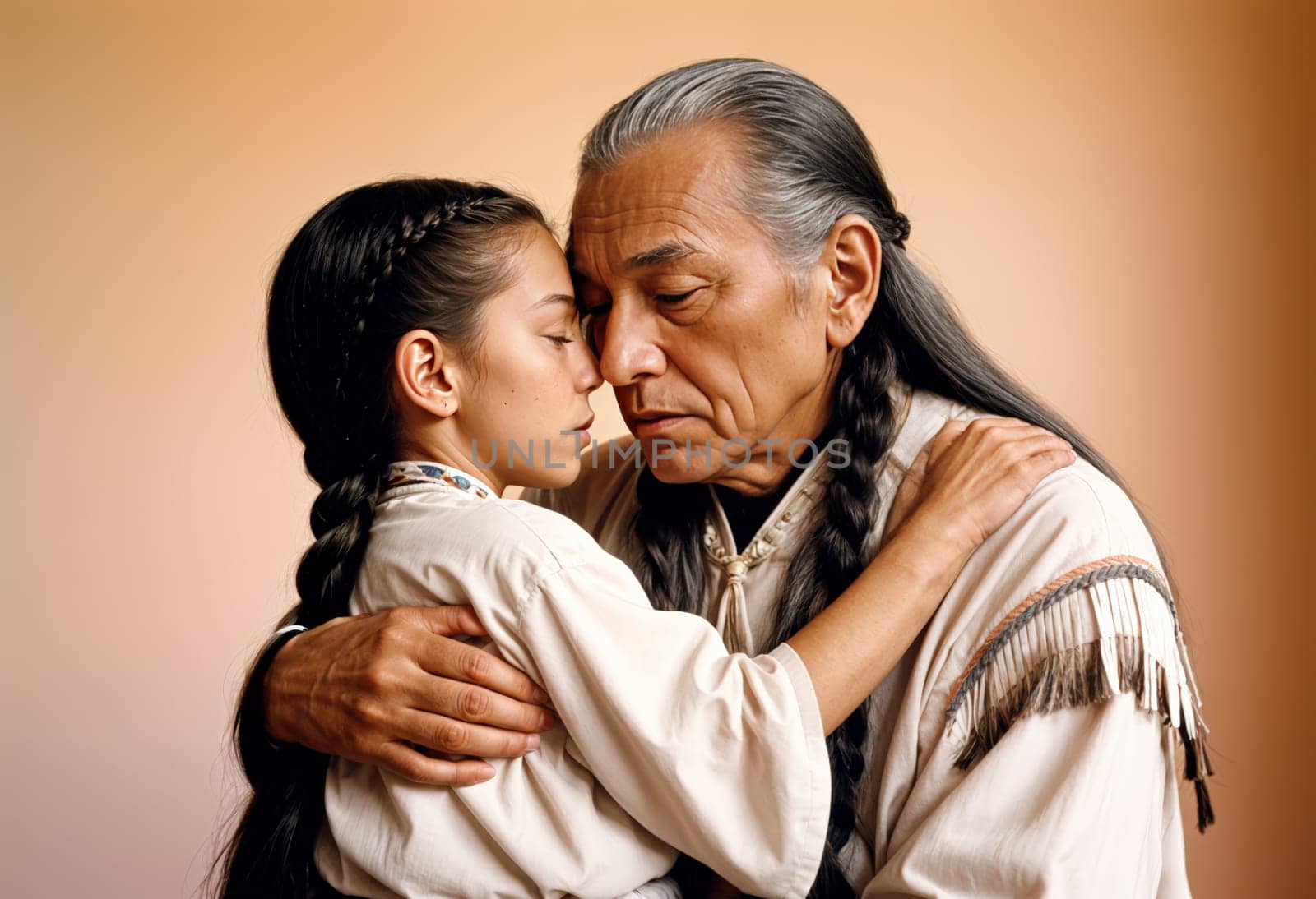 AI generated of a grand father and grand daughter in native american cloth are huging each other