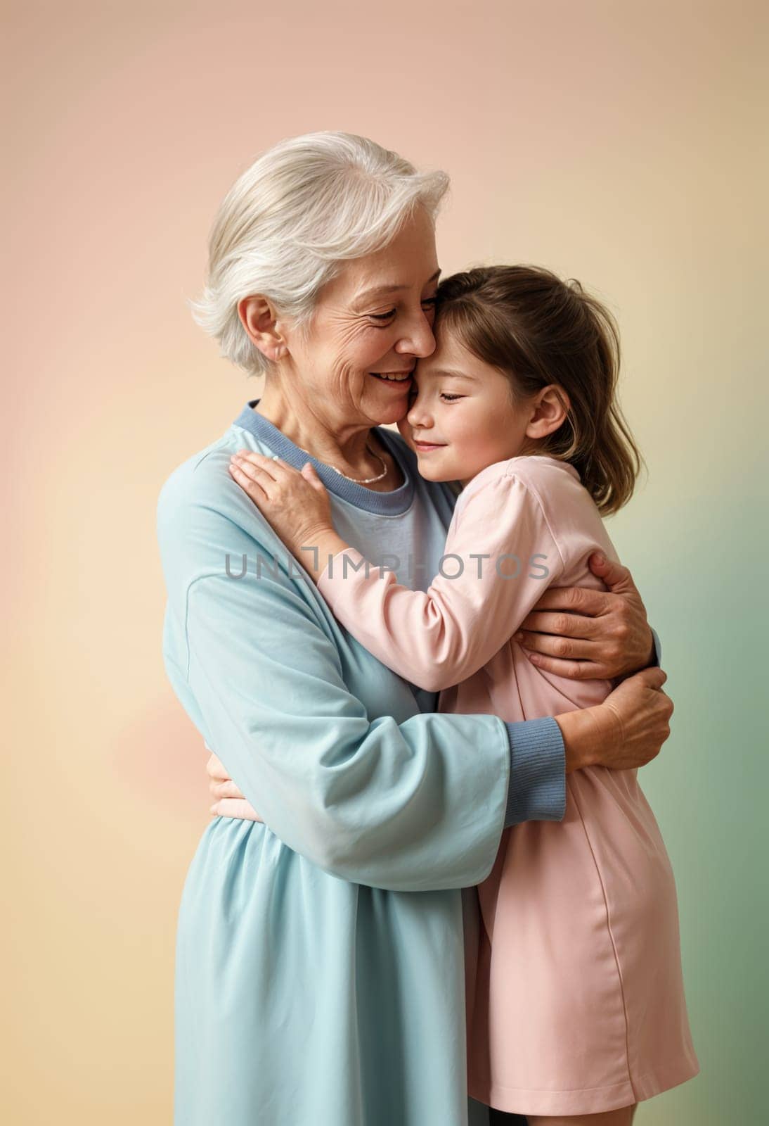 AI generated of grandmother hugging granddaughter on colorful background