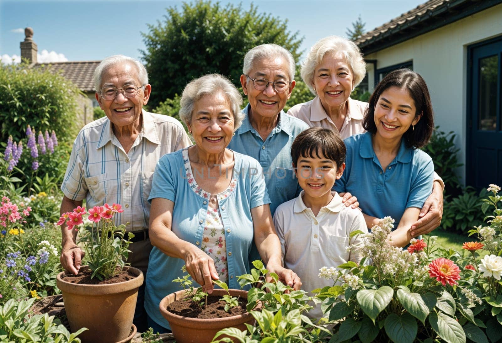 AI generated of a family posing for a photo in front of a house