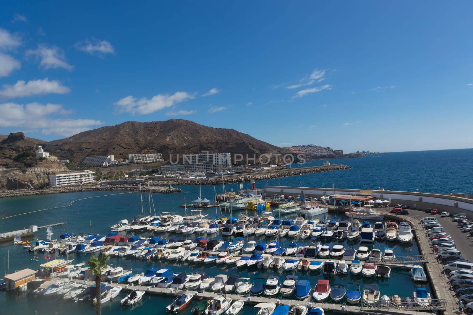CRAN CANARIA, PUERTO RICO - NOVEMBER 16, 2019: Cran Canaria, Puerto Rico, Spain - November 16, 2019: Marina in Puerto Rico de Gran Canaria. Postcard, spain.