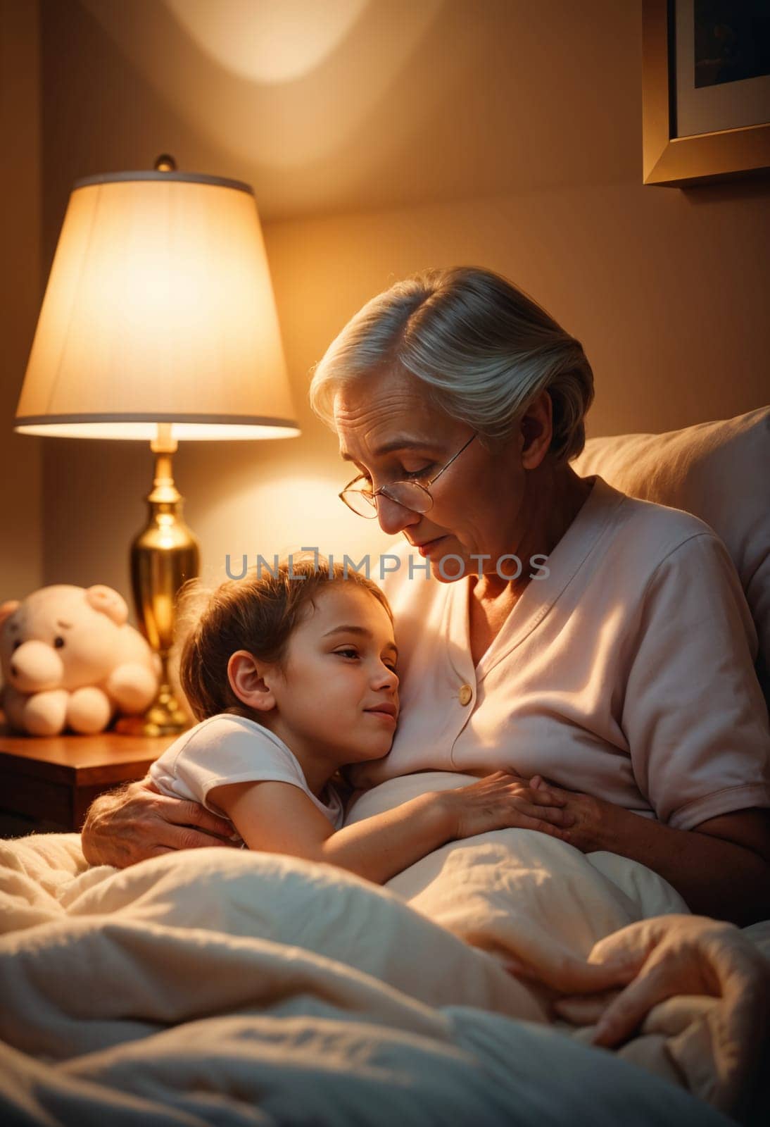 AI generated of grandmother and grandson sleeping in bed with a lamp behind her