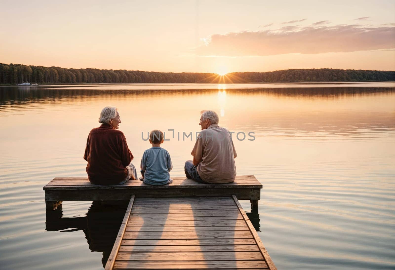 AI generated of an elderly couple and their grandson sitting on a dock at sunset
