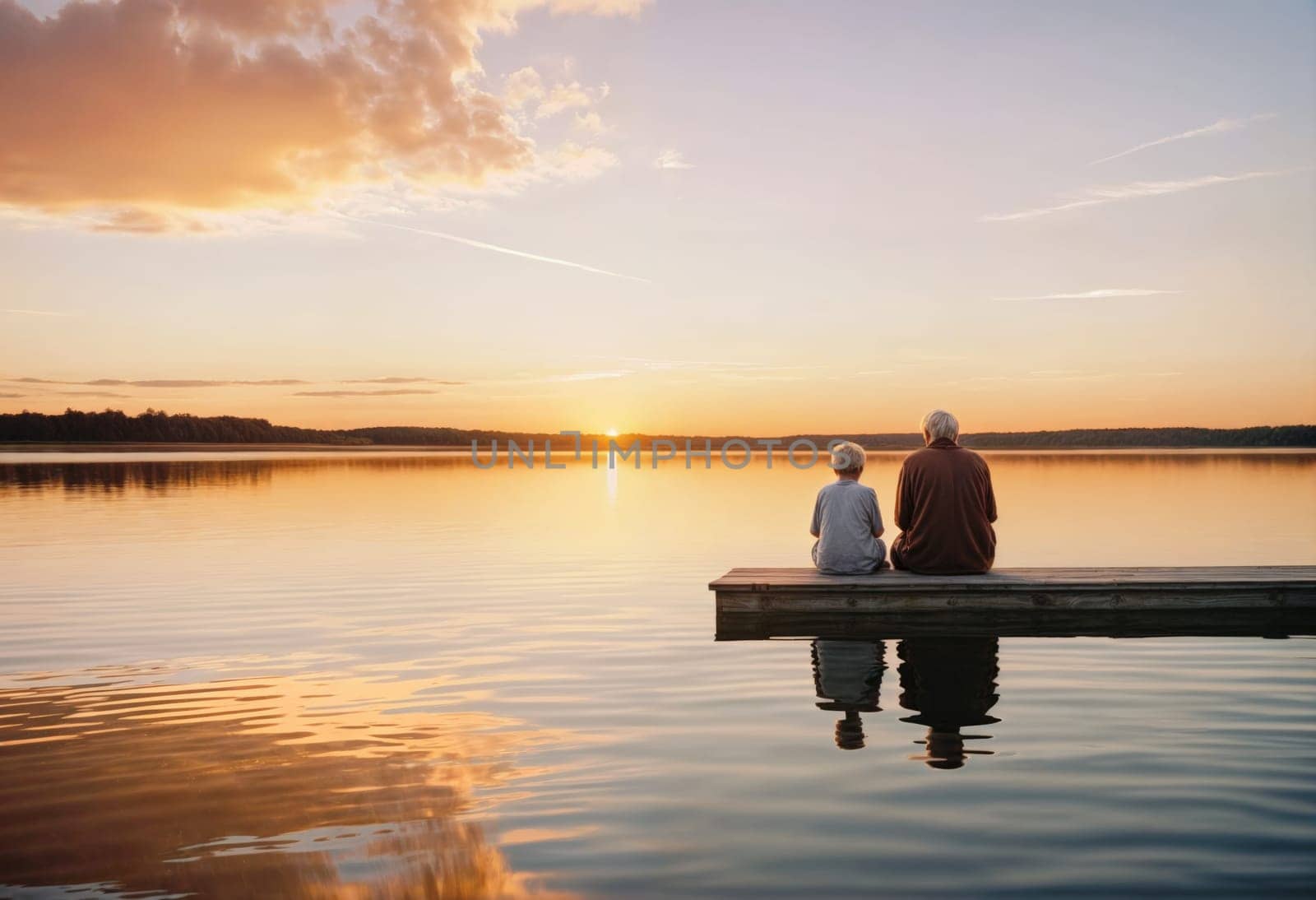 AI generated of an elderly couple sitting on a dock at sunset