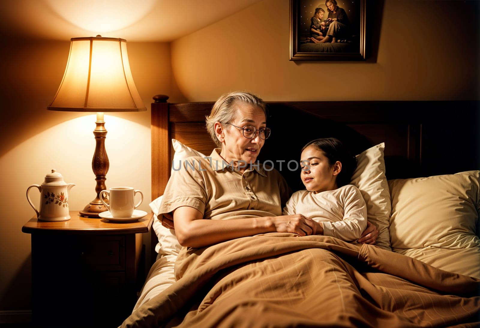 AI generated of an elderly woman and a young girl are sitting in bed with the picture on the wall behind them