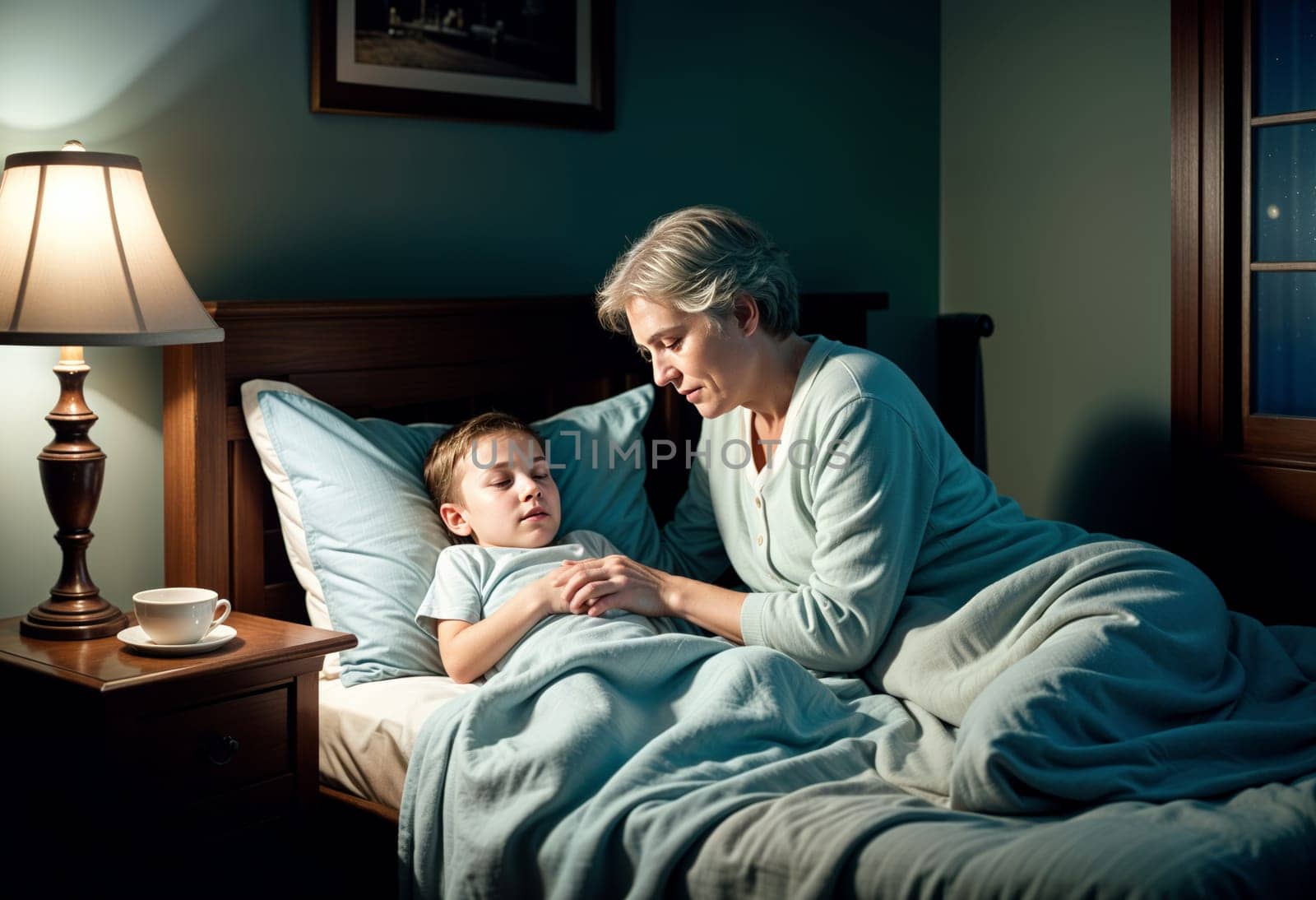 AI generated of an older woman and a young boy in bed with a lamp on the nightstand