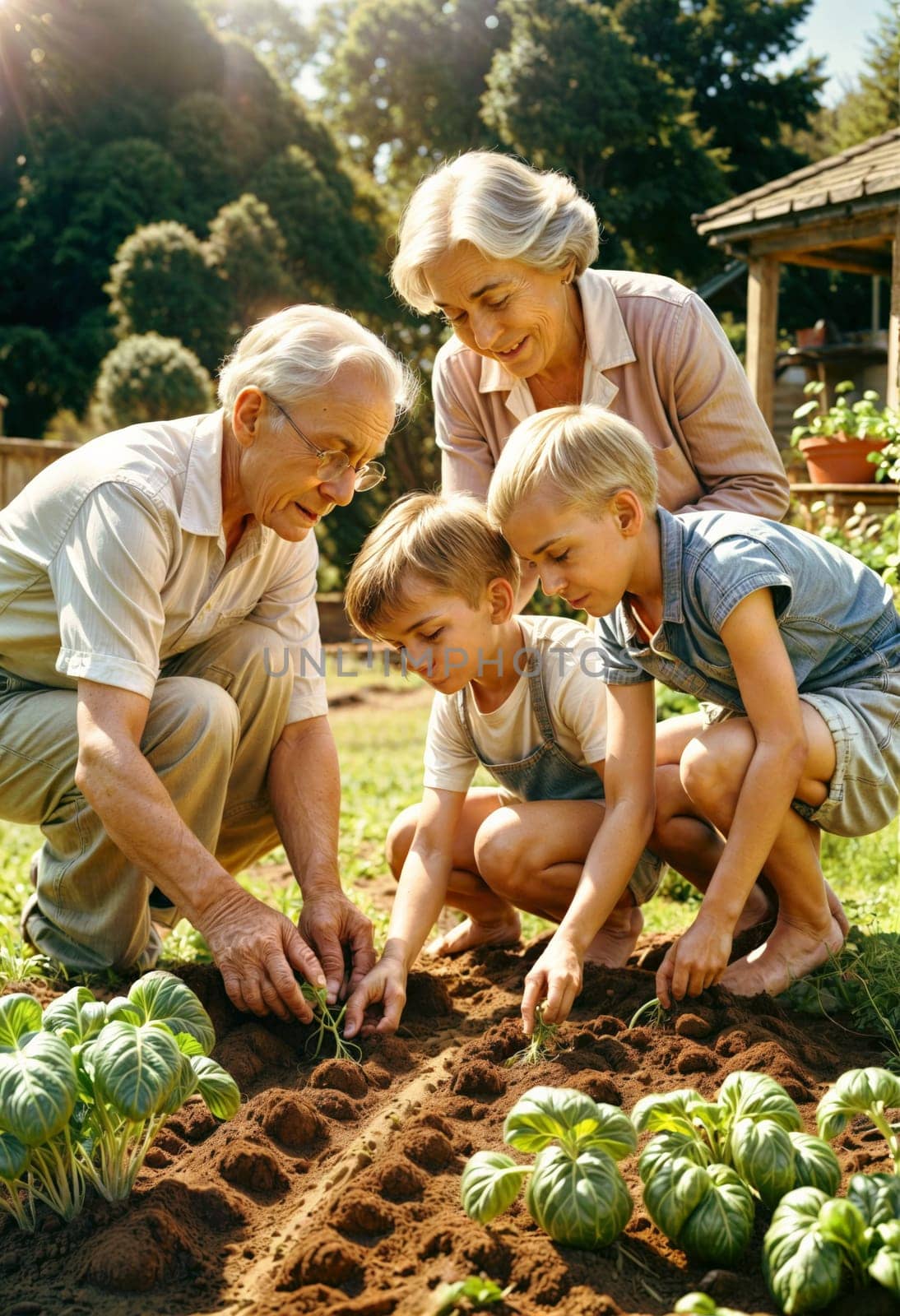 AI generated of grandparent and grandchildren are planting vegetables in the garden