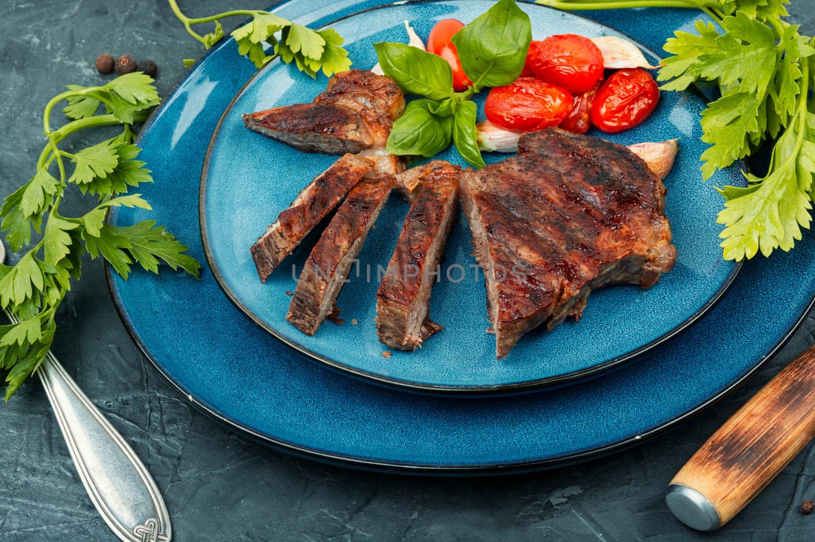 Juicy meat, classic grilled steak, beef steak. Meat barbecue, rump steak.