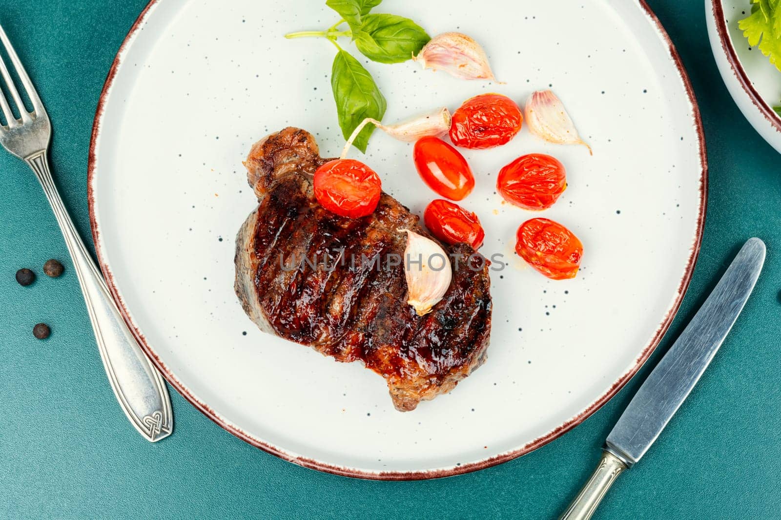Juicy meat, classic grilled steak, beef steak. Meat barbecue, rump steak.
