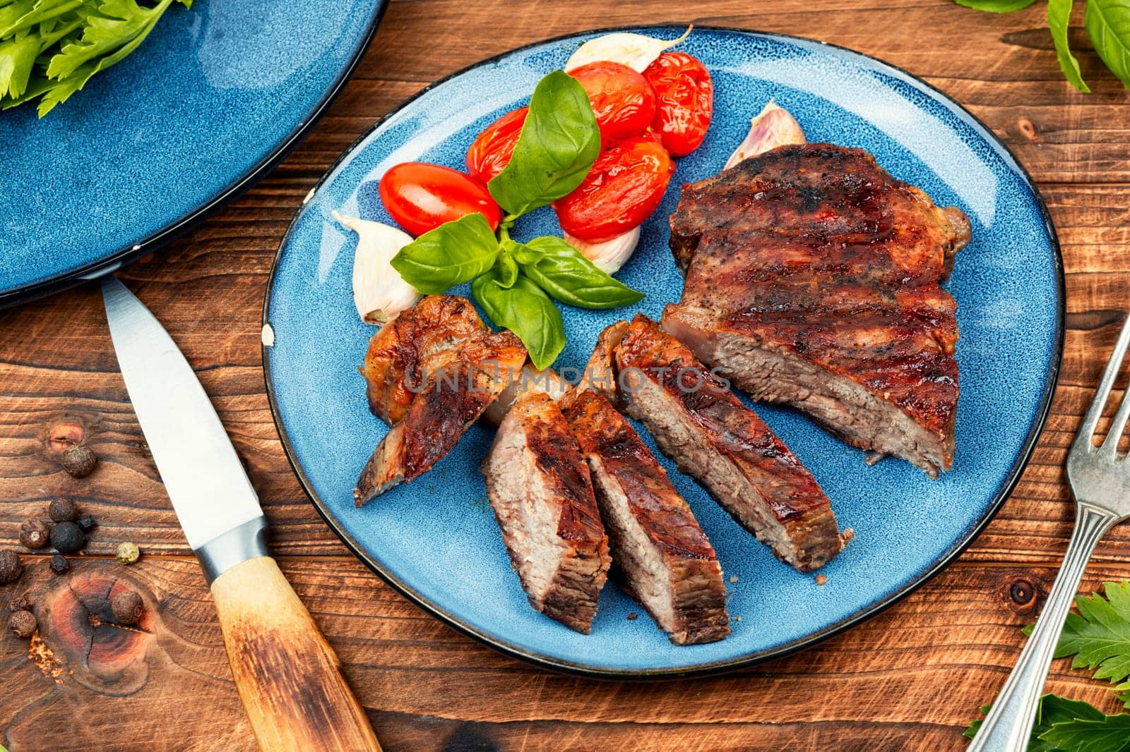Juicy meat, classic grilled steak, beef steak. Meat barbecue, rump steak.