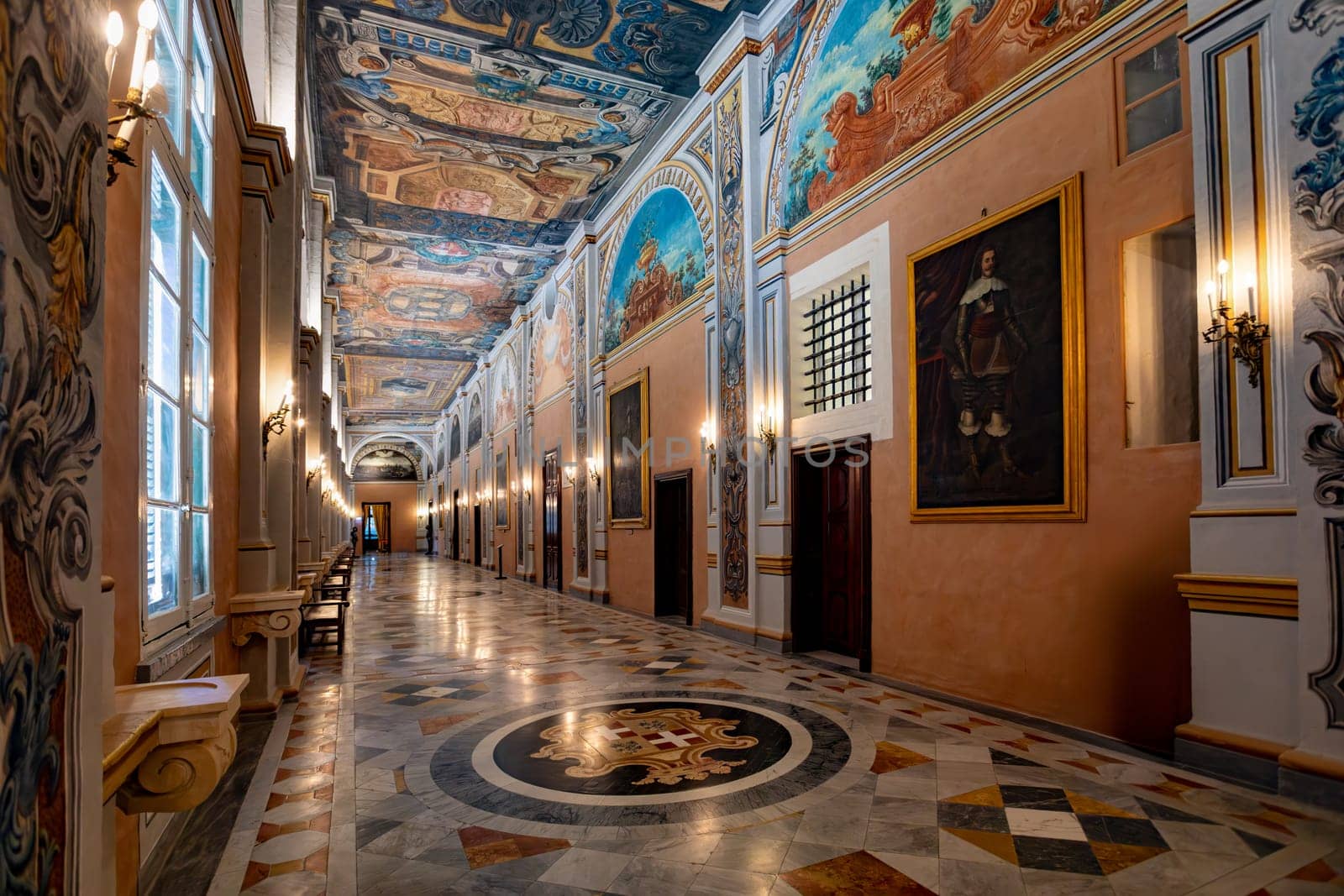 Interior of historic Grandmaster's Palace hall with impressive architectural details and traditional Maltese painting in Valletta. Cultural heritage of Malta