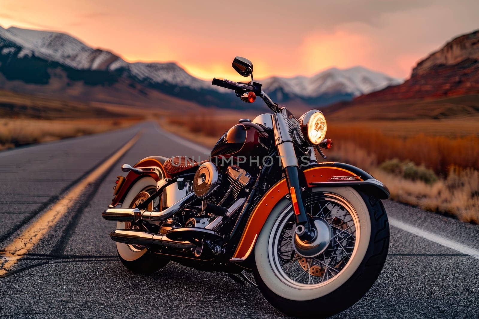 A retro motorcycle on the road with mountains and a sunrise in the background. AI generated