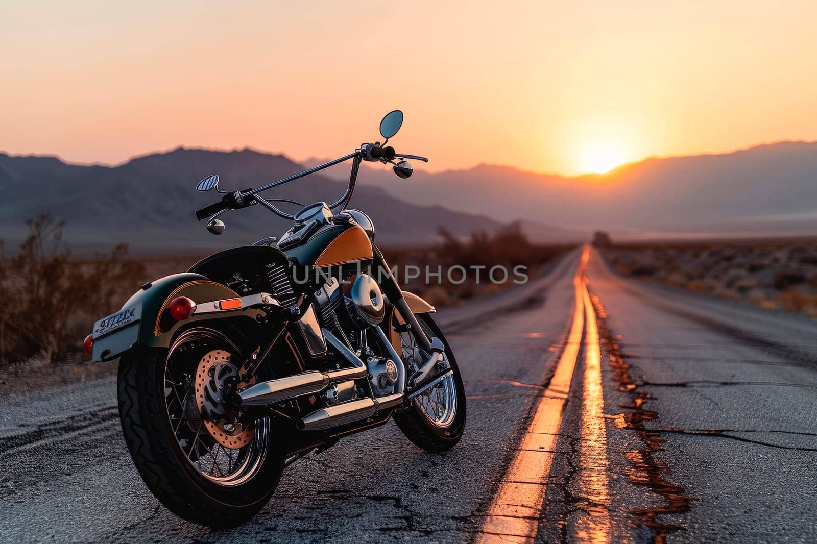 A retro motorbike on the road with mountains and a sunrisw in the background. AI generated