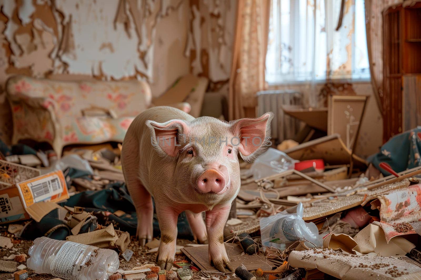 Pig in a messy room, messy dirty interior, chaos and disorder in a house. AI generated