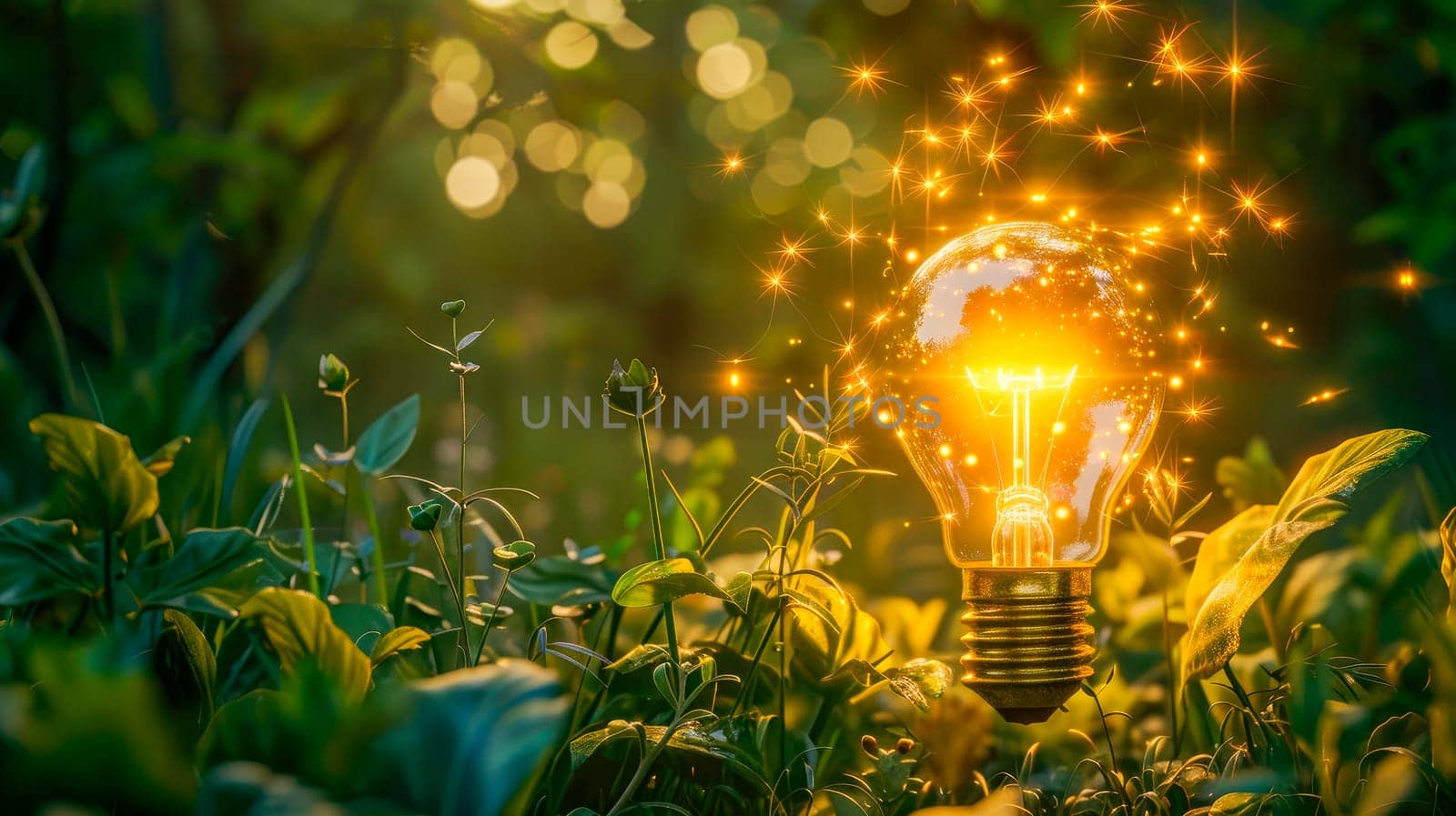 Glowing light bulb in a forest. Green energy, renewable, sustainable energy sources. Environmental protection. AI generated