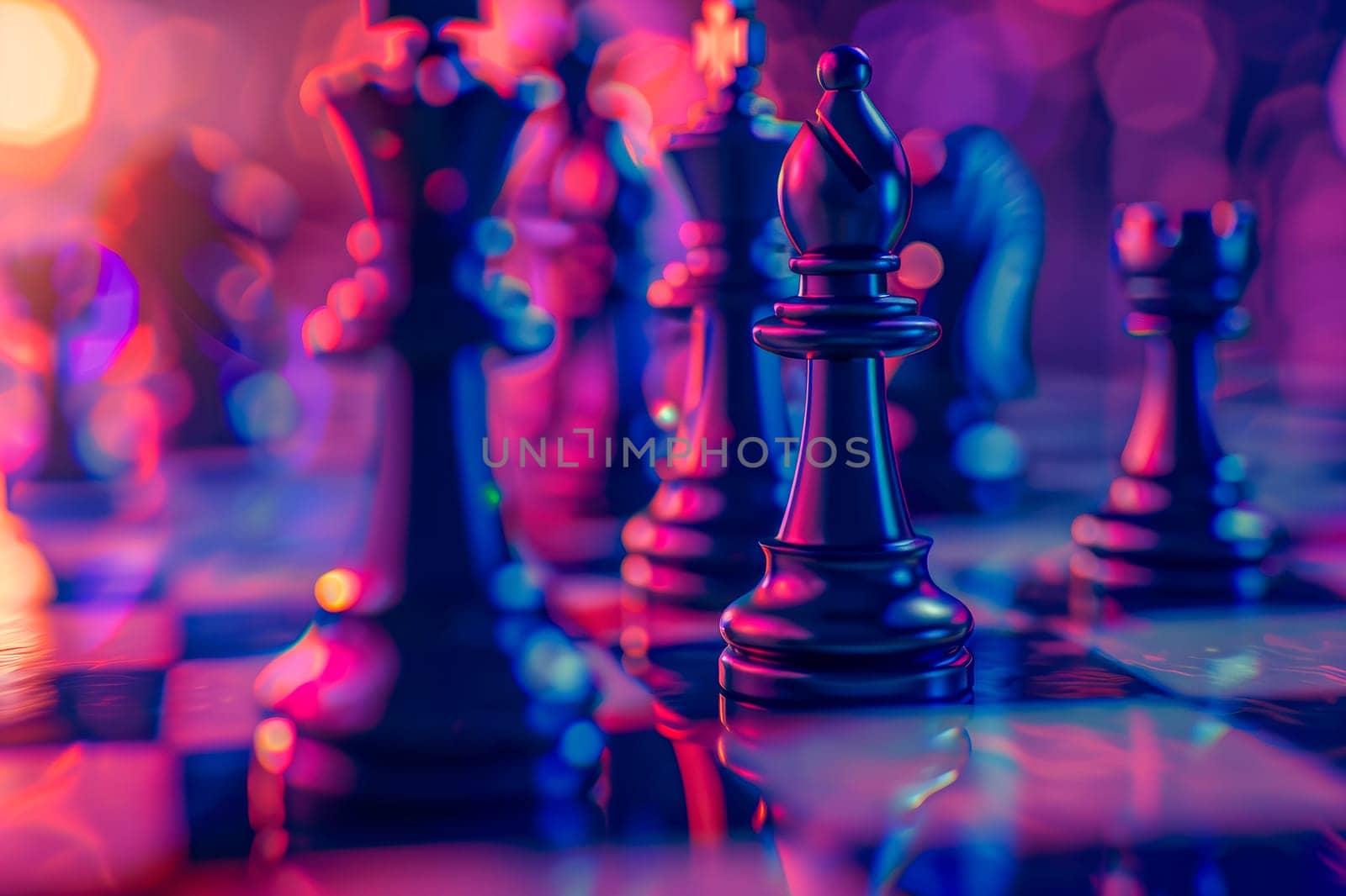 Close-up view of chess on chessboard.Business strategy concept. AI generated