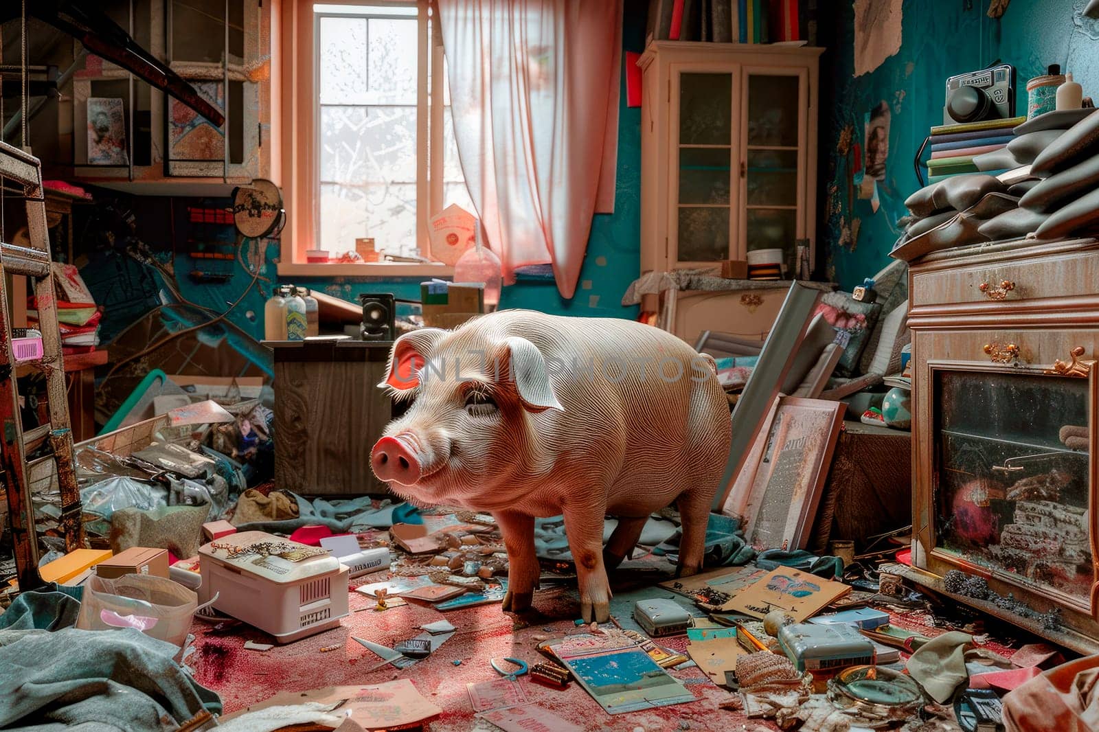 Pig in a messy room, messy dirty interior, chaos and disorder at home. AI generated