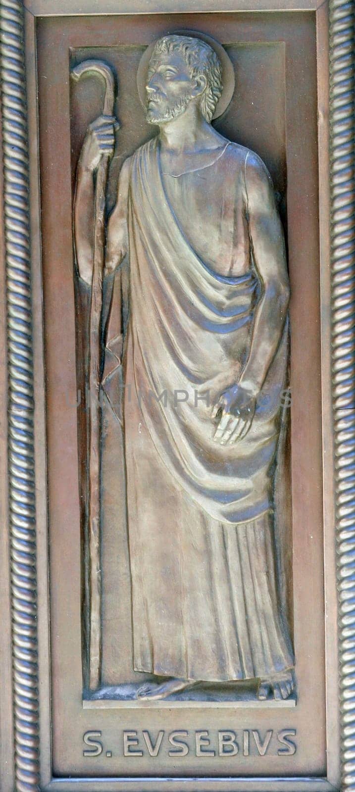 Saint Eusebius, relief on the door of St. Catherine's Church in Bethlehem, Israel