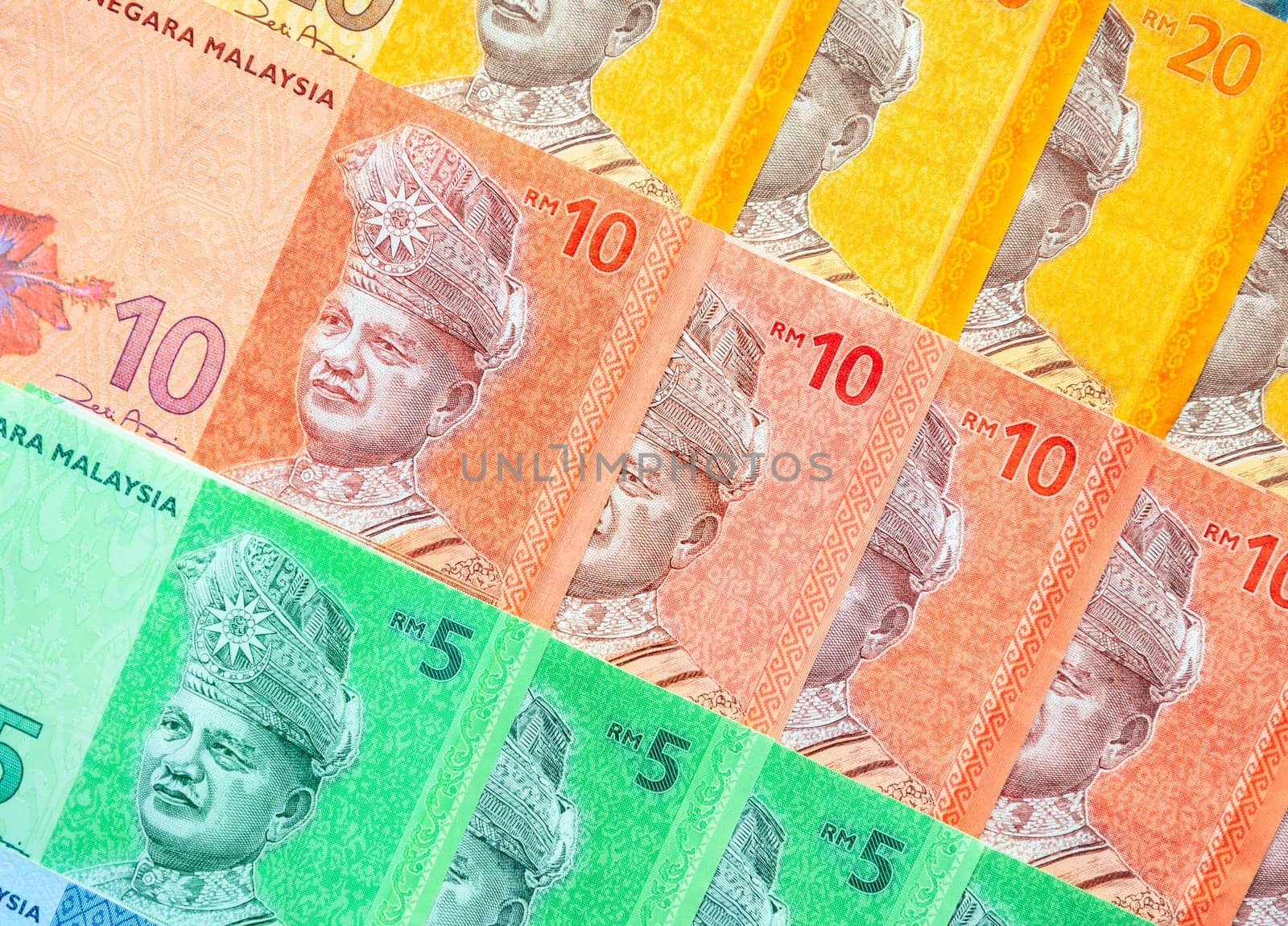 Malaysia currency of Malaysian ringgit banknotes background. Paper money of five, ten and twenty ringgit notes. Financial concept.