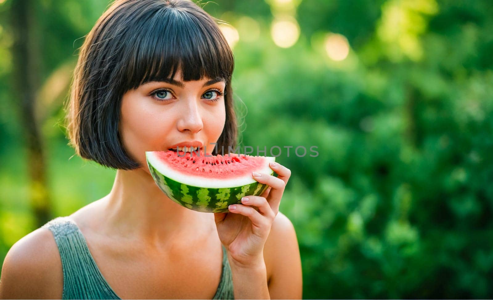 A young woman with a bob haircut is enjoying a slice of watermelon in a green outdoor setting, showcasing a fresh and healthy summer lifestyle