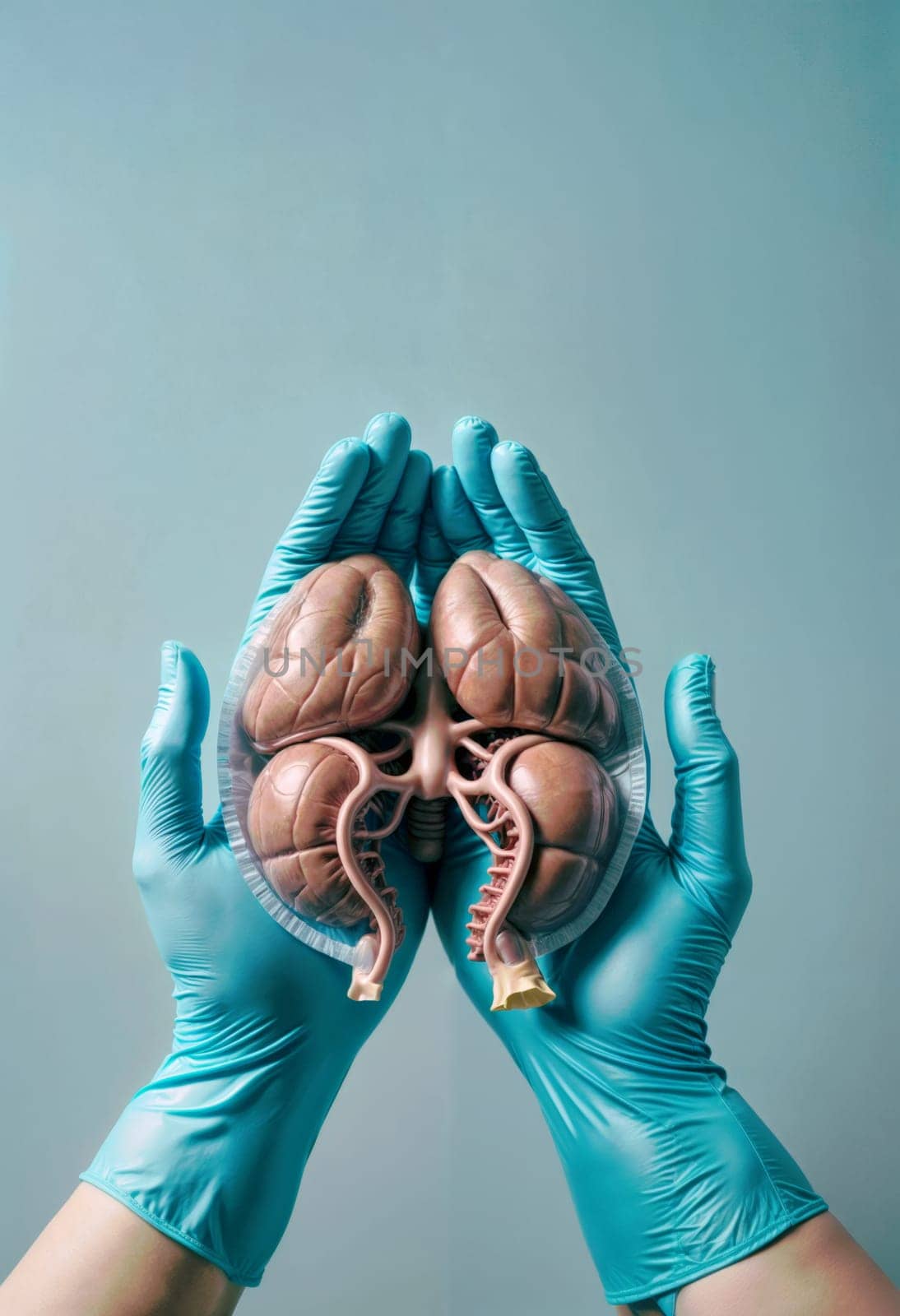 AI generated of hands in blue gloves holding a model of a human liver