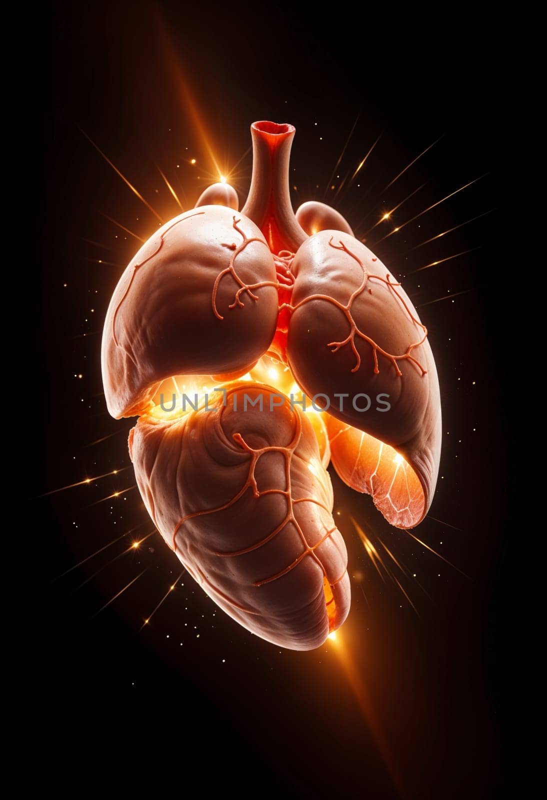 AI generated of human heart with glowing light and sparkles on black background