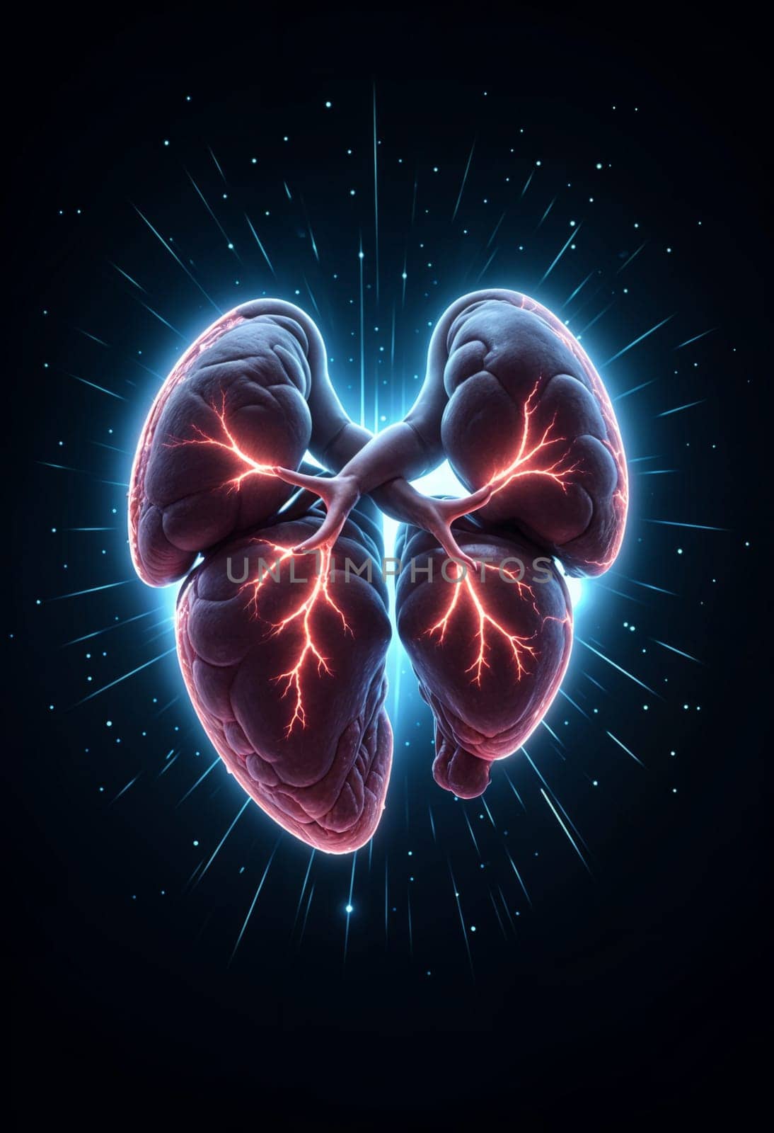 AI generated of the human heart with glowing veins on it in a dark background with glowing light trails and sparkles
