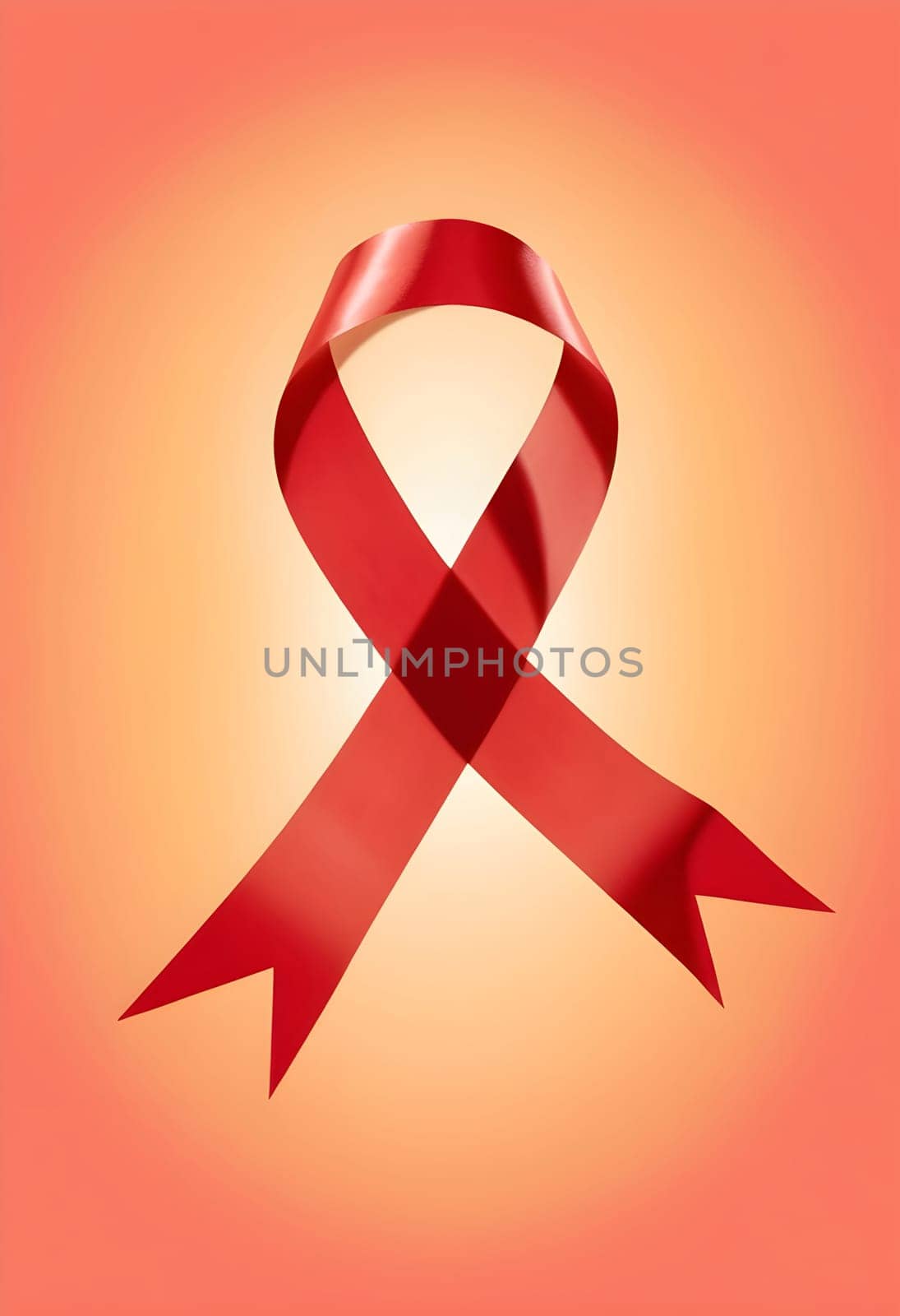 AI generated of red ribbon in heart shaped on orange background