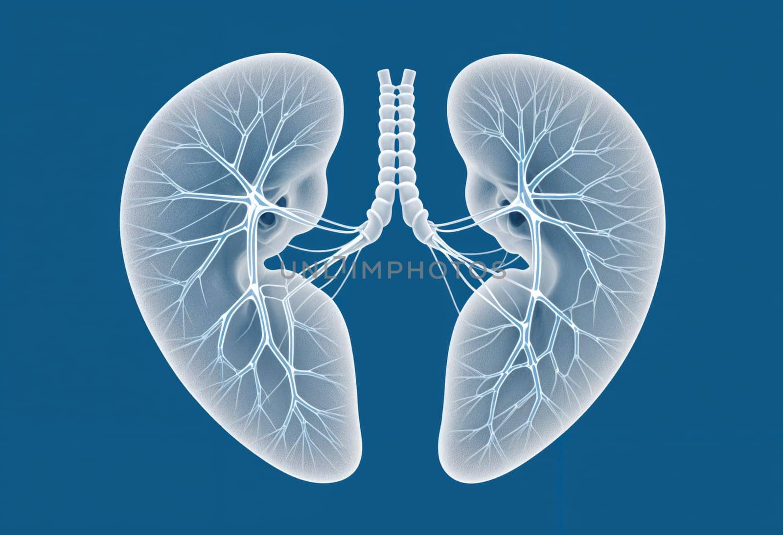 AI generated of a blue illustration of a human heart with the organs labeled in white