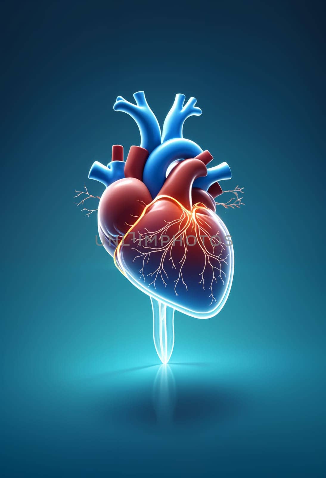 AI generated of an illustration of a human heart with vascular details on a blue background