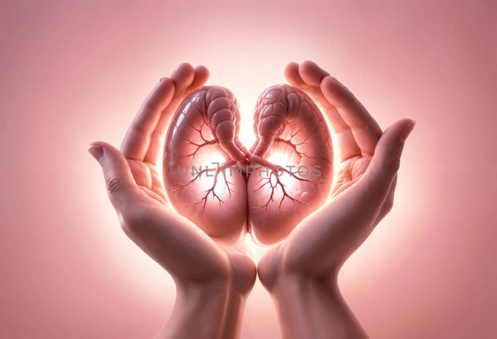 AI generated of hands holding a glowing heart in front of a pink background